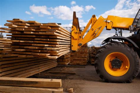 Forklift Loads The Boards In The Lumber Yard Stock Image Image Of