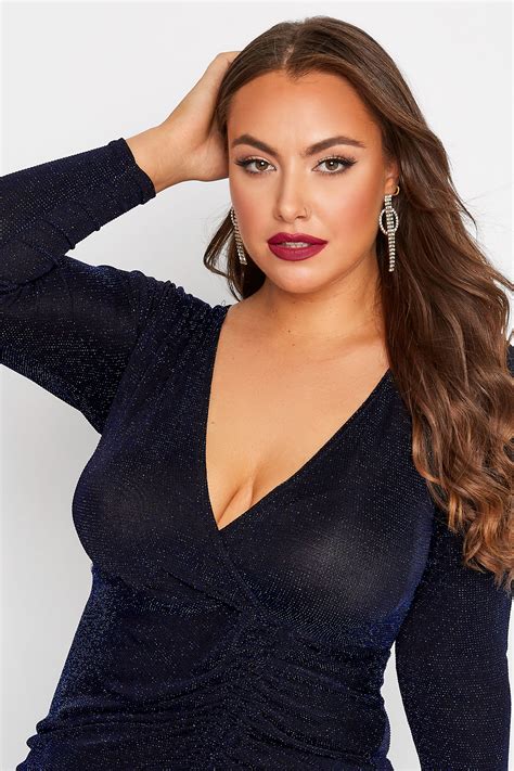 Yours London Plus Size Curve Ruched Black And Cobalt Blue Glitter Wrap Dress Yours Clothing