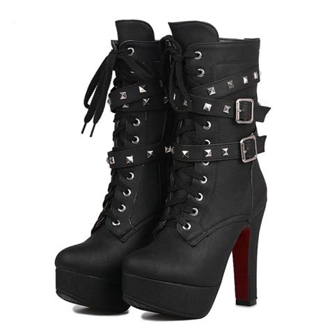 Extreme High Heels Black Women Platform Motorcycle Ankle Boots Lace Up Rivets Punk Boots