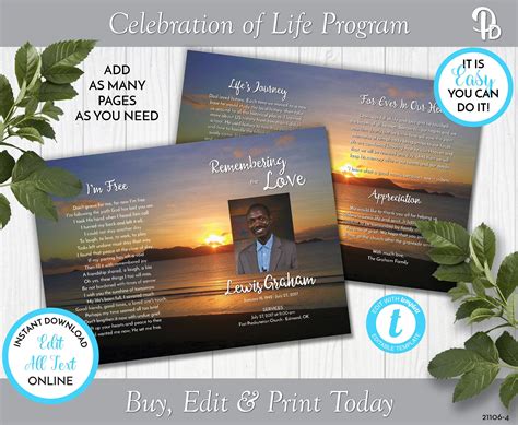 Beach Sunset Funeral Program Template, Obituary/Order of Service
