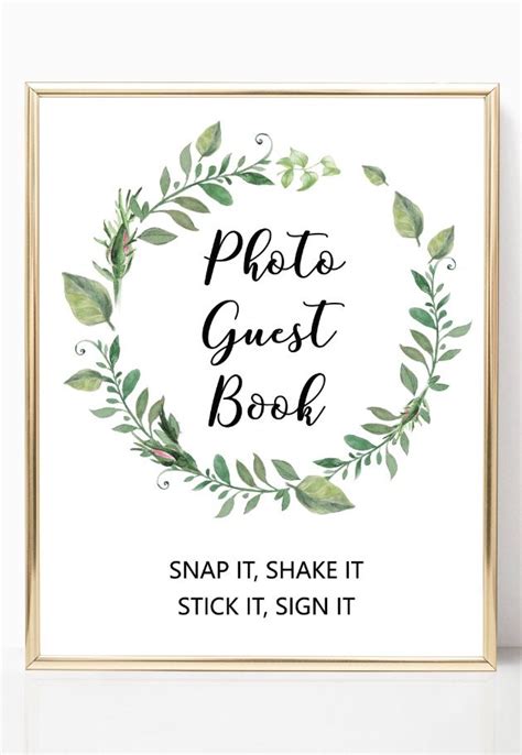Make a beautiful & memorable polaroid guestbook for a wedding. Greenery photo guest book sign printable, garden wedding ...