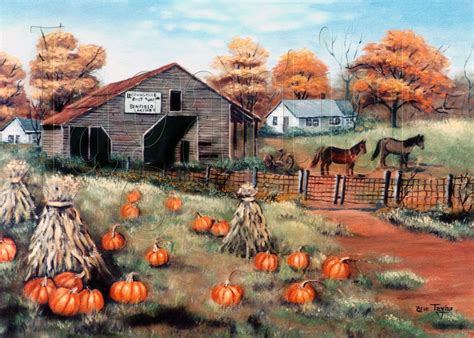 Primitive Fall Folk Art Print Barn Pumpkins Farm Autumn Trees Etsy