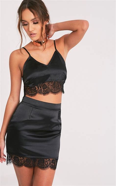 Lilo Black Satin Lace Hem Mini Skirt Mini Skirts Satin Laces Lace Hem