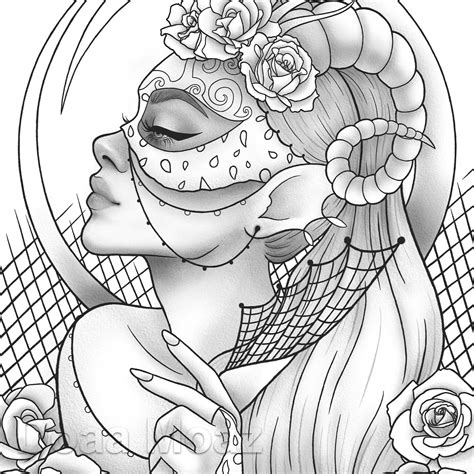 Printable Coloring Page Fantasy Floral Girl Mask Portrait Etsy