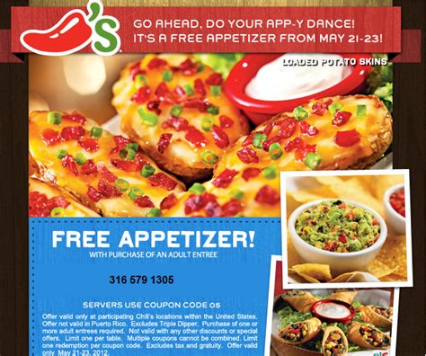 Save your money with official 99restaurants.com coupons from couponarea.com. CHILI'S $$ Coupon for FREE Appetizer (5/21 - 5/23 ...
