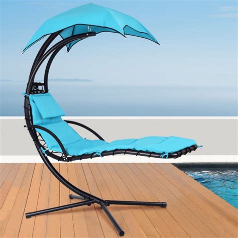 Gymax Hanging Chaise Lounger Chair Arc Stand Porch Swing Hammock Chair W Canopy Blue Walmart