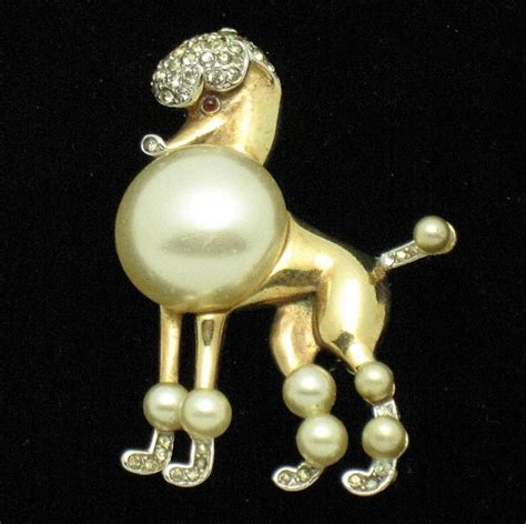 Trifari Pat Pend Poodle Brooch Pin Pearl Belly Rhinestone Figural