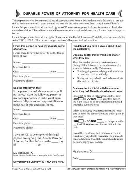 Free Tennessee Medical Power Of Attorney Form Pdf Eforms