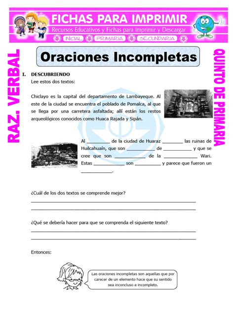 Actividades De Oraciones Incompletas Para Quinto De Primaria Pdf