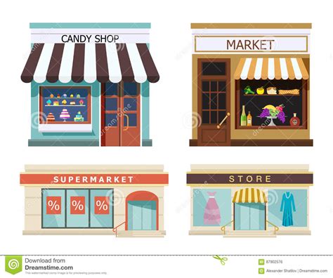 Storefront Set Of Different Colorful Shops Market Candy Shop