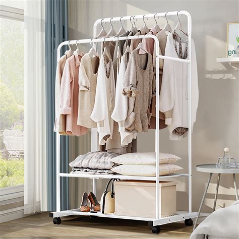 Metal Garment Rack Coat Stand Dual Rail Hanging Closet Clothes Shelf