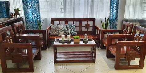 Solid Wooden Sofa Set Sala With Single Arm Chairs Center Accent Table