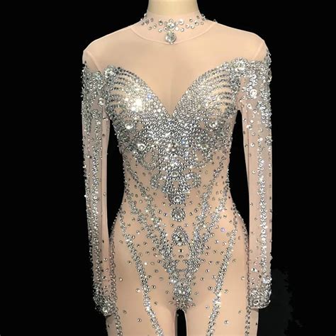 Women Nightclub Rhinestones Sexy Jumpsuit Sparkly Crystals Perspective Bodysuit Nightclub Stage