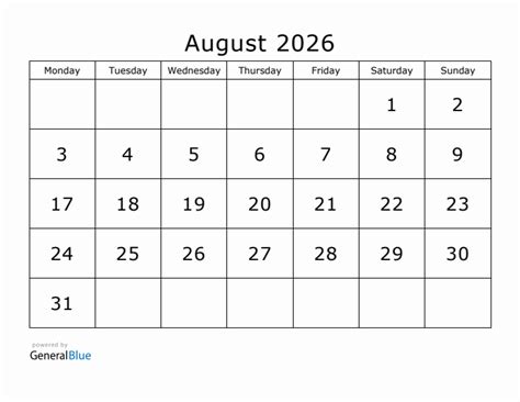 August 2026 Monday Start Calendar Pdf Excel Word