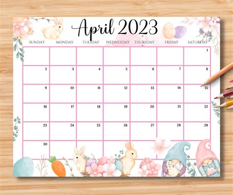 Editable April 2023 Calendar Happy Easter Day With Cute Etsy Uk