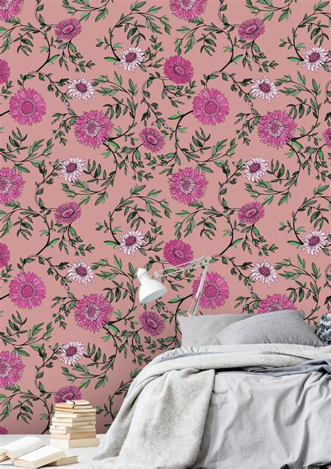 Whimsical Pink Floral Wallpaper Wallpaper Peel And Stick Etsy