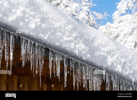 Snow Icicles Falling From A Snowy Roof In Winter Stock Photo Alamy