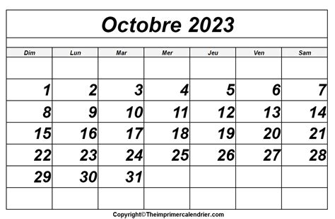 Gratuit Octobre 2023 Calendrier Vacances à Imprimable