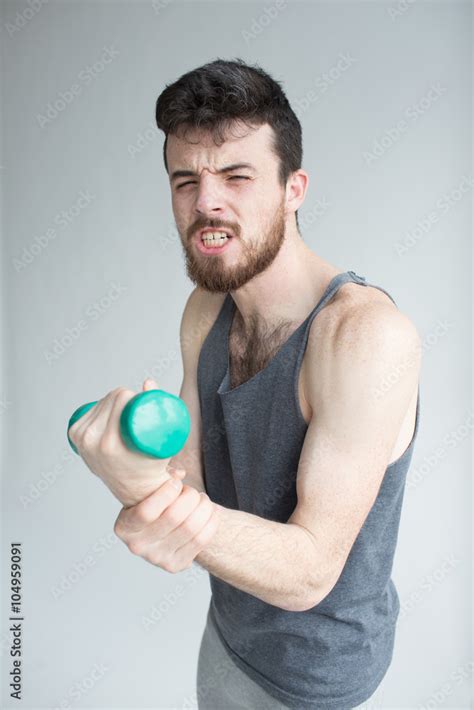 Skinny Man Training His Bicep Muscle Guy Lifting One Dumbbell Young