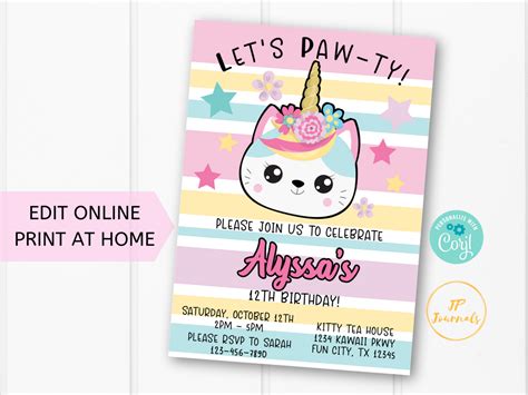 Kawaii Unicorn Kitty Cat Birthday Party Invitation Template Printable