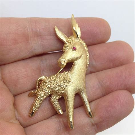Vintage Signed Crown Trifari ~ Donkey Brooch Pin Red Rhinestone Gold