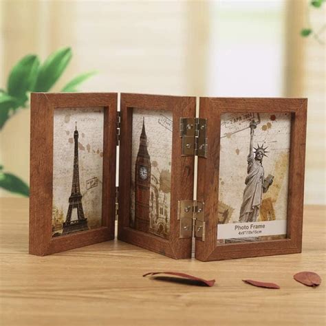 Wooden Tri Fold Photo Frame Double Sided Hinged Picture Frame Collage Folding Frame For Wall