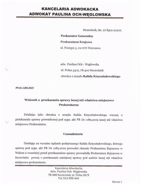 Wniosek Adwokata Paw A Woronik O Wy Czenie S Dziego Krzysztofa Koczenasza Od Rozpoznania