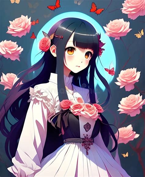 Cute Anime Girl Long Hair Roses Flowers Romantic Fantasy Character