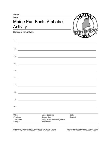 Maine Fun Facts Alphabet Activity Worksheet For 4th 5th Grade