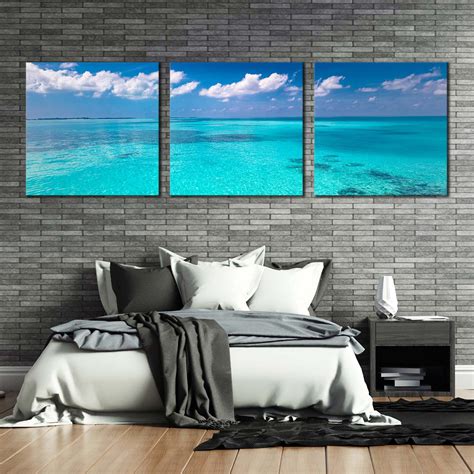 Beautiful Ocean Canvas Wall Art Blue Ocean Sky 3 Piece Canvas Set Wh