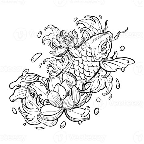 Koi Fish Tattoo With Water Splash Asian Or Japanese Style Illustration