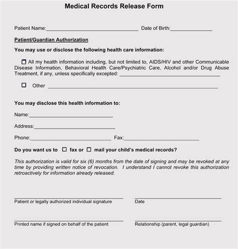 Free Printable Medical Records Release Form