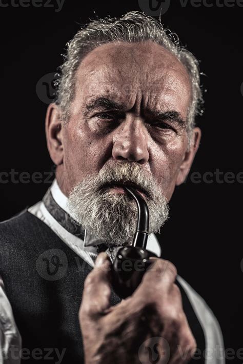 Pipe Smoking Vintage Characteristic Senior Man With Gray Hair 1216673