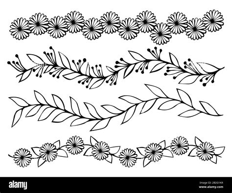 Floral Vector Linear Borders Set Of Hend Drawn Flowers Lines Stock