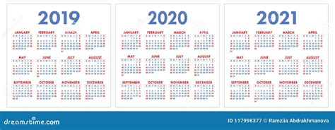 Calendario 2019 2020 2021 Años Sistema Colorido Comienzo De La Semana En El Su Imagen De