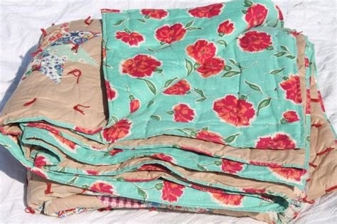 Patchwork Stars Vintage Tied Quilt Comforter W Red And Turquoise