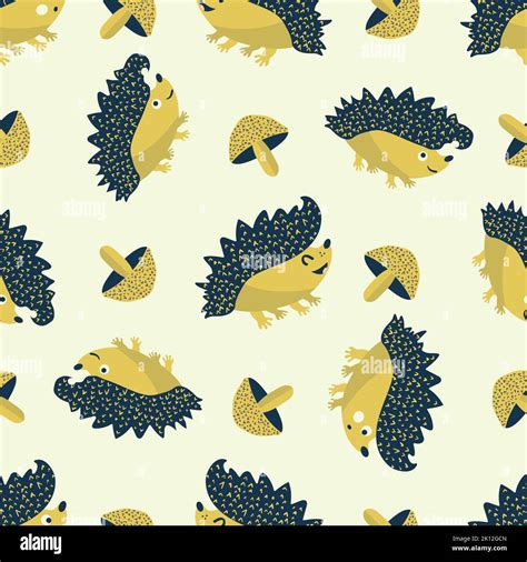 Cute Spiky Prickly Hedgehog And Mushroom Seamless Pattern Background