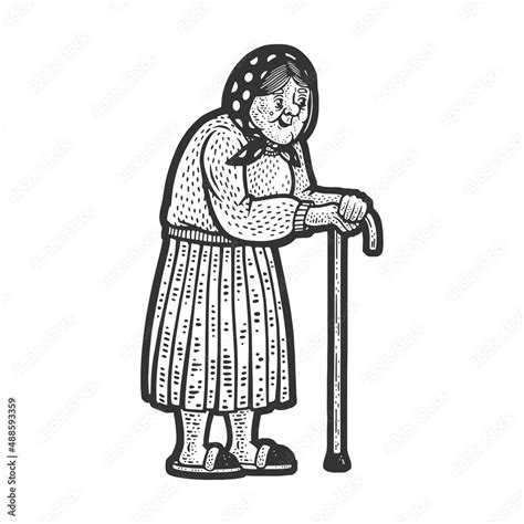 Old Granny With Walking Stick Sketch Engraving Vector Illustration T Shirt Apparel Print Design