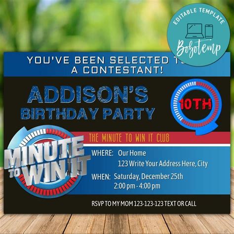 This list is based on the games i see the most on youtube. Printable Minute To Win It Birthday Party Invitation DIY ...