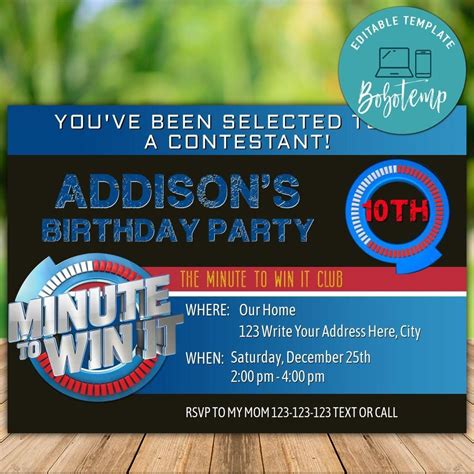 Just in case any of my dis friends were looking for a fun birthday party.i thought i would post a free invitation that i have made for my niece's upcoming minute to win it birthday party. Printable Minute To Win It Birthday Party Invitation DIY ...