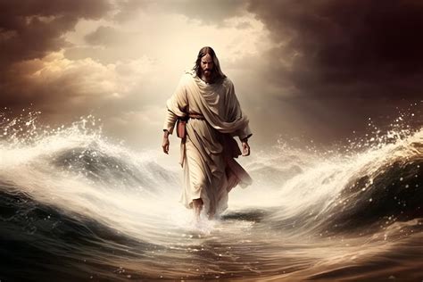 Jesus Cristo Andando Sobre A água No Pôr Do Sol Foto Premium