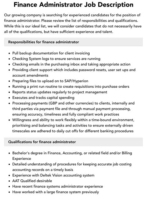Finance Administrator Job Description Velvet Jobs