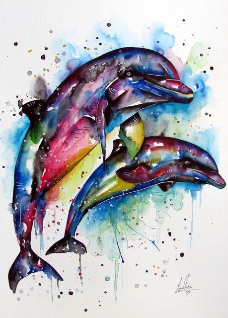 What kind of tattoo is a watercolor? Ink Tattoo Watercolor Jumping Dolphins Classic Vintage ...