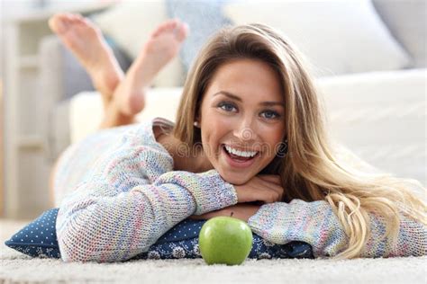 Happy Woman Relaxing At Home Stock Image Image Of Sofa Apple 86310017