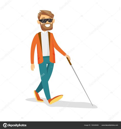 Young Caucasian White Blind Man With A Stick — Stock Vector Man