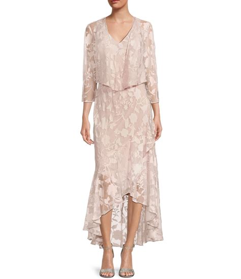 Alex Evenings Metallic Floral Print High-Low V-Neck 3/4 Sleeve Flounce