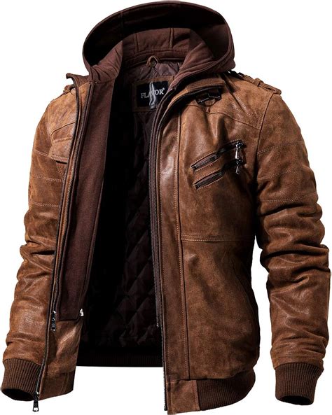 Flavor Mens Real Leather Jacket With Removable Hood Brown Genuine