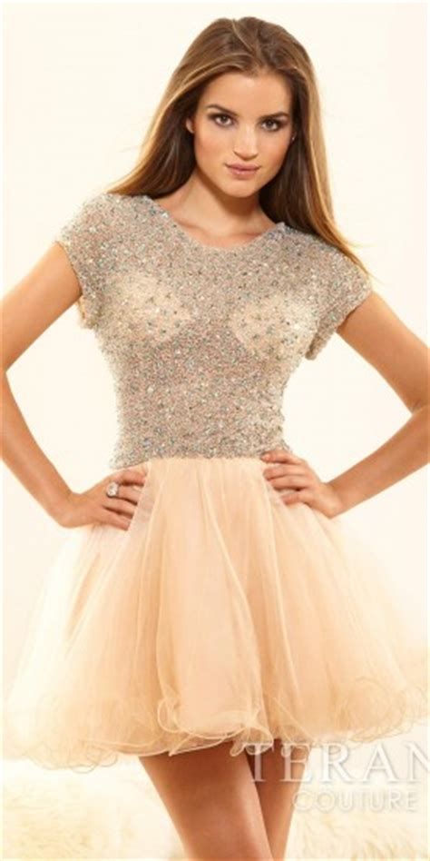 All Over Jeweled Cap Sleeved Fit And Flare Swirl Tulle Short Prom Dresses By Terani Couture