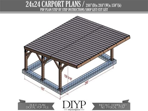 24x24 Carport Plans Diy Car Garage For Two Car Modern Etsy Carport