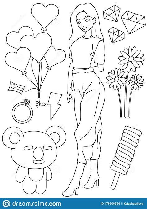 Doodle Outline Vector Illustration Of Fashion Girl With A